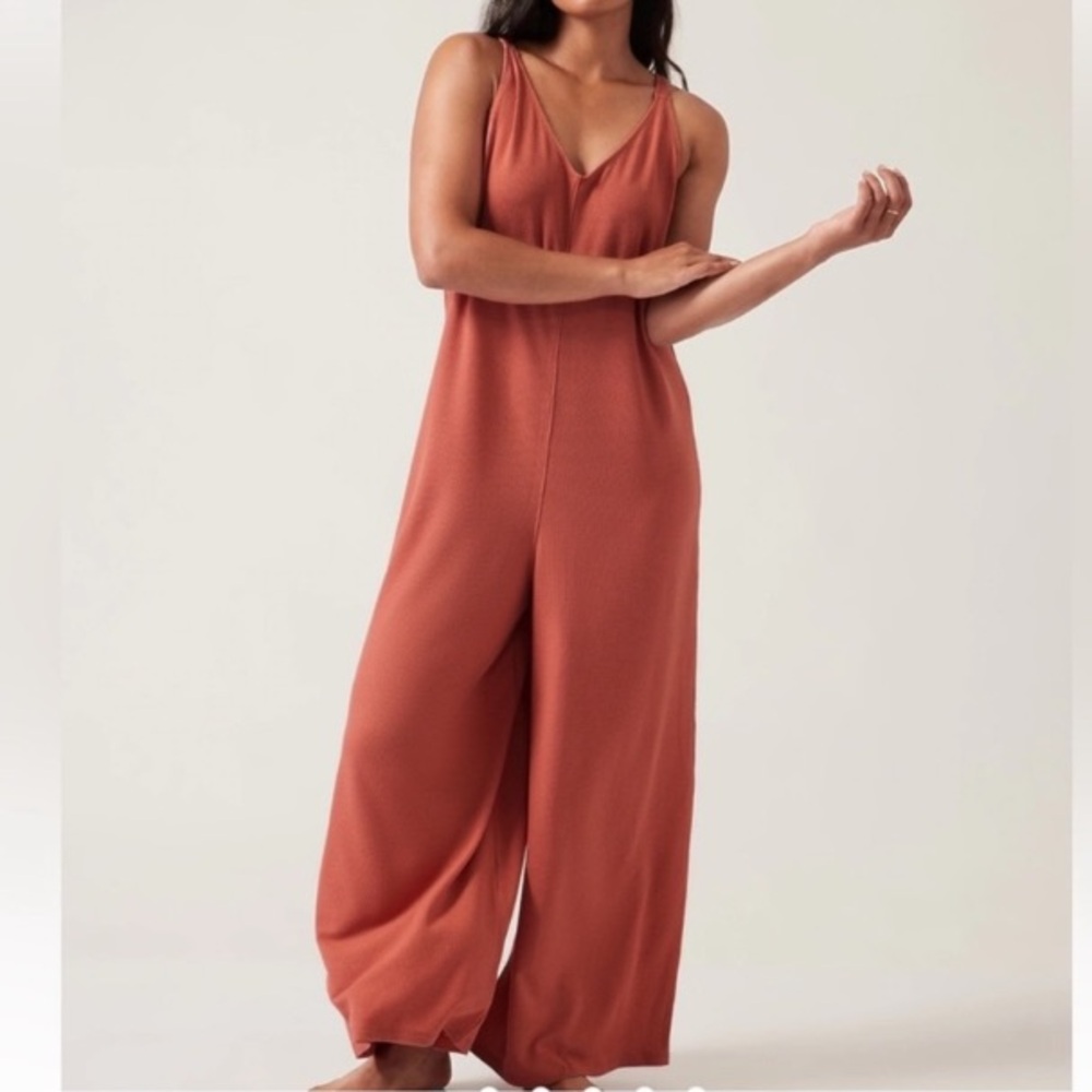 Athleta Wind Down Sleep V Neck Romper Relaxed Fit Wide Leg Soft Waffle Thermal